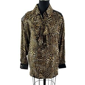 Vintage CACHE Brown Top Silk Leopard Ruffle Collar Leather Button-Up Sz M Medium